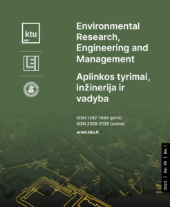 Įvaizdinis žurnalo „Aplinkos tyrimai, inžinerija ir vadyba“ viršelio vaizdas, pagrindinė spalva tamsi žalia su geltonais miesto kontūro grafiniais elementais.