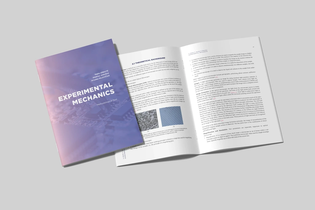 Dviejų knygų nuotrauka. Knygos padėtos ant pagrindo, viena užversta, knygos viršelyje ant violetinio foro baltomis raidėmis parašytas knygos pavadinimas "Experimental Mechanics", kita knyga atversta, knygos turinį sudaro tekstas ir keli paveikslai. 