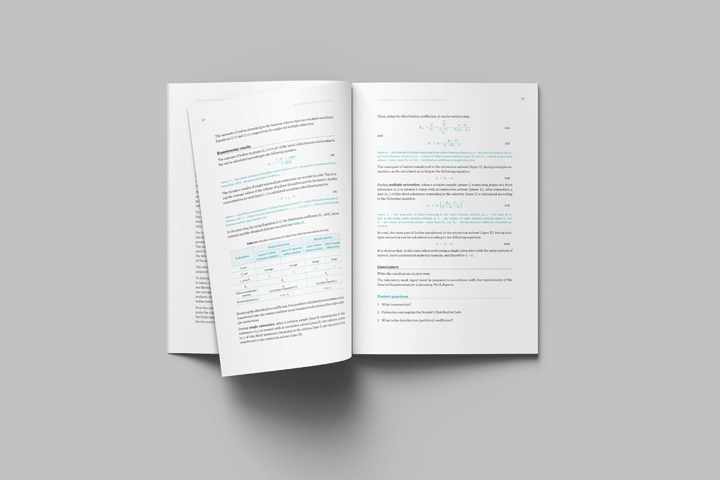 Nufotografuota atversta knyga „Handbook for Laboratory Works of Physical Chemistry 1“.