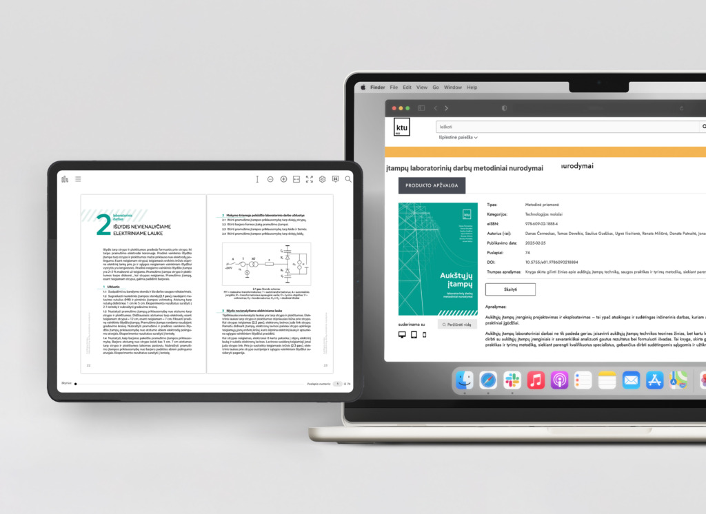 Nuotraukoje - kompiuteris apple ir planšetinis kompiuteris apple. Kompiuteriuose matosi vaizdas elektroninės skaityklės ebooks.ktu.edu. Pavaizduota knyga "Aukštųjų įtampų laboratorinių darbų metodiniai nurodymai".