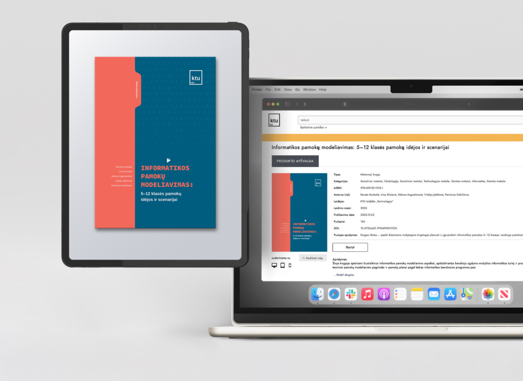 Plan&scaron;etės ir ne&scaron;iojamojo kompiuterio ekranai &scaron;viesiai pilkame fone, abiejuose rodomas tas pats lietuvi&scaron;kos knygos &bdquo;Informatikos pamokų modeliavimas: 5&ndash;12 klasės pamokų idėjos ir scenarijai&ldquo; vir&scaron;elis ir produkto puslapis su bibliografiniais duomenimis bei mygtuku &bdquo;Skaityti&ldquo;.
