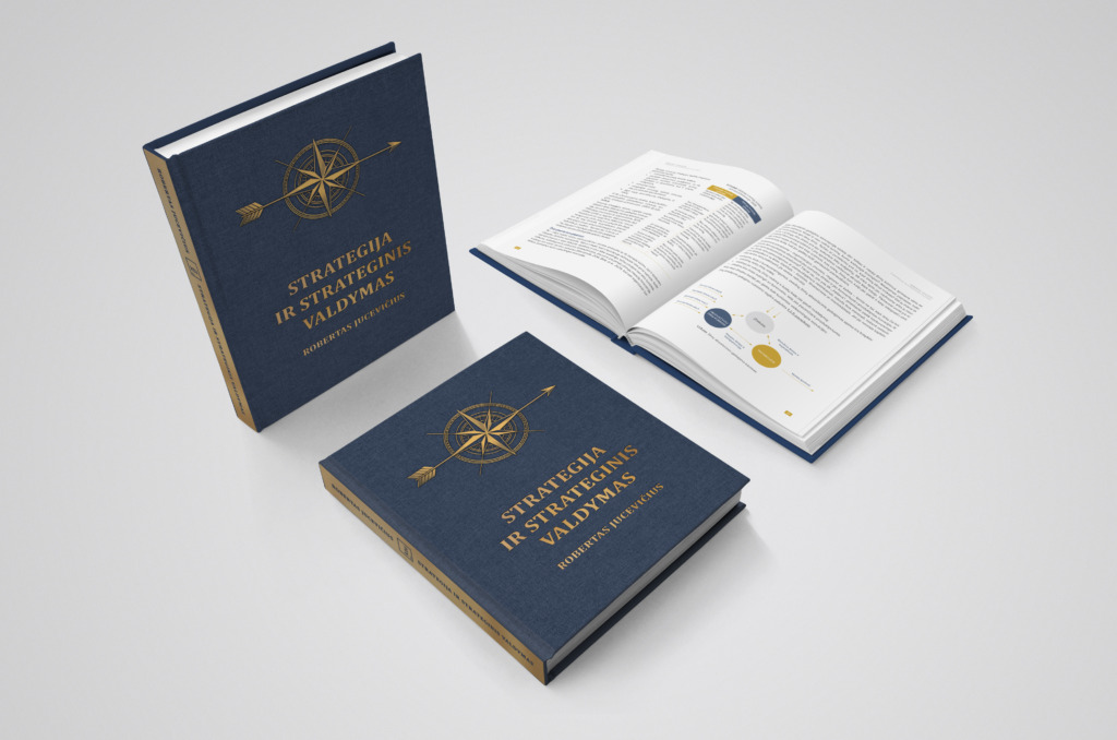 Trys tamsiai mėlyni kietviršiai knygos su auksiniu užrašu ir auksiniu kompaso bei rodyklės simboliu ant viršelio, išdėstytos kaip produkto nuotraukoje ant šviesiai pilko paviršiaus. Ant viršelio matomas pavadinimas „STRATEGIJA IR STRATEGINIS VALDYMAS“, autorius – „ROBERTAS JUCEVIČIUS“. Viena knyga stovi vertikaliai, jos priekinis viršelis nukreiptas į žiūrovą. Kita knyga guli užversta pirmame plane, viršeliu į viršų. Trečia knyga yra atversta per vidurį – matomas dviejų puslapių atvartas su tankiu tekstu ir keliomis spalvotomis diagramomis, tarp jų apskritiminė (srauto tipo) schema su mėlynais ir geltonais elementais.